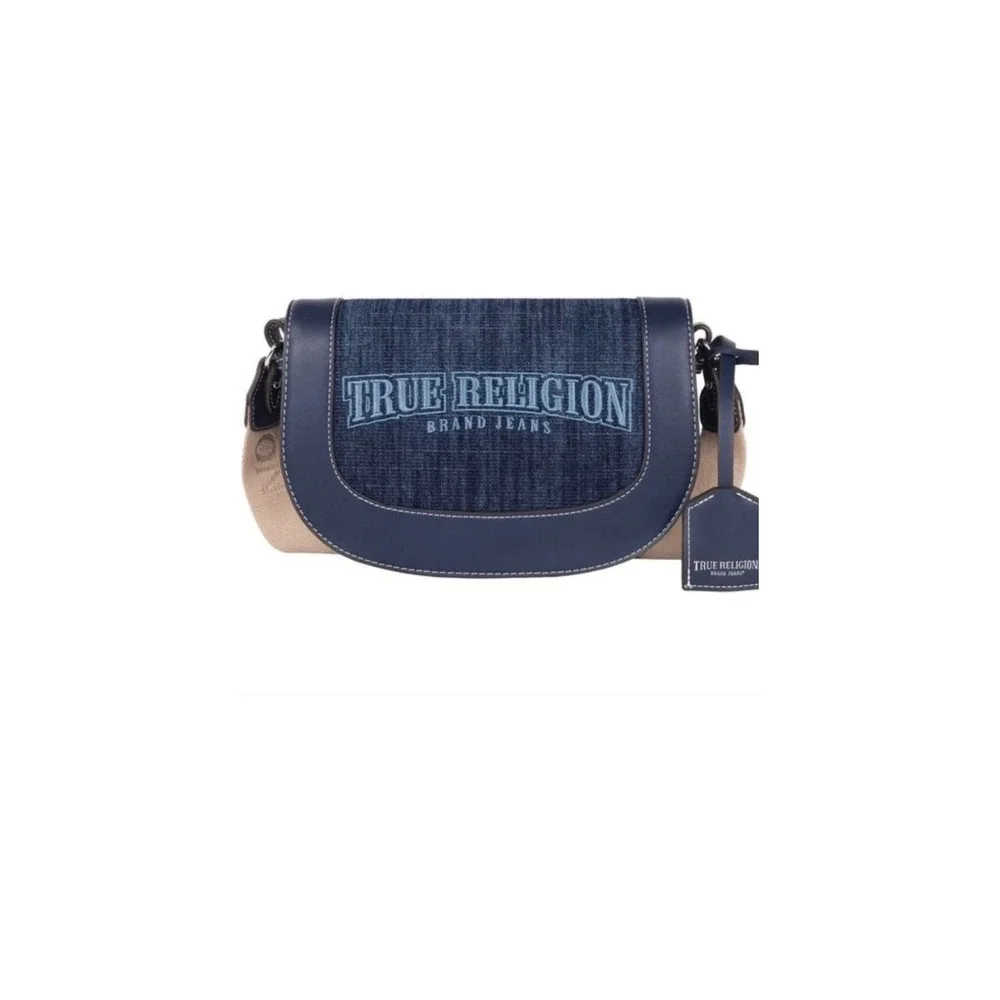 True Religion Denim Crossbody Bag‎ and Wallet Set Blue Tan Horseshoe Logo NWT